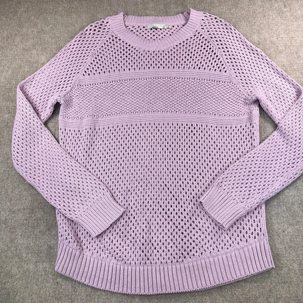 Prana Womens Open Knit Crochet Sweater Lavender Purple Crew Neck Pullover Medium